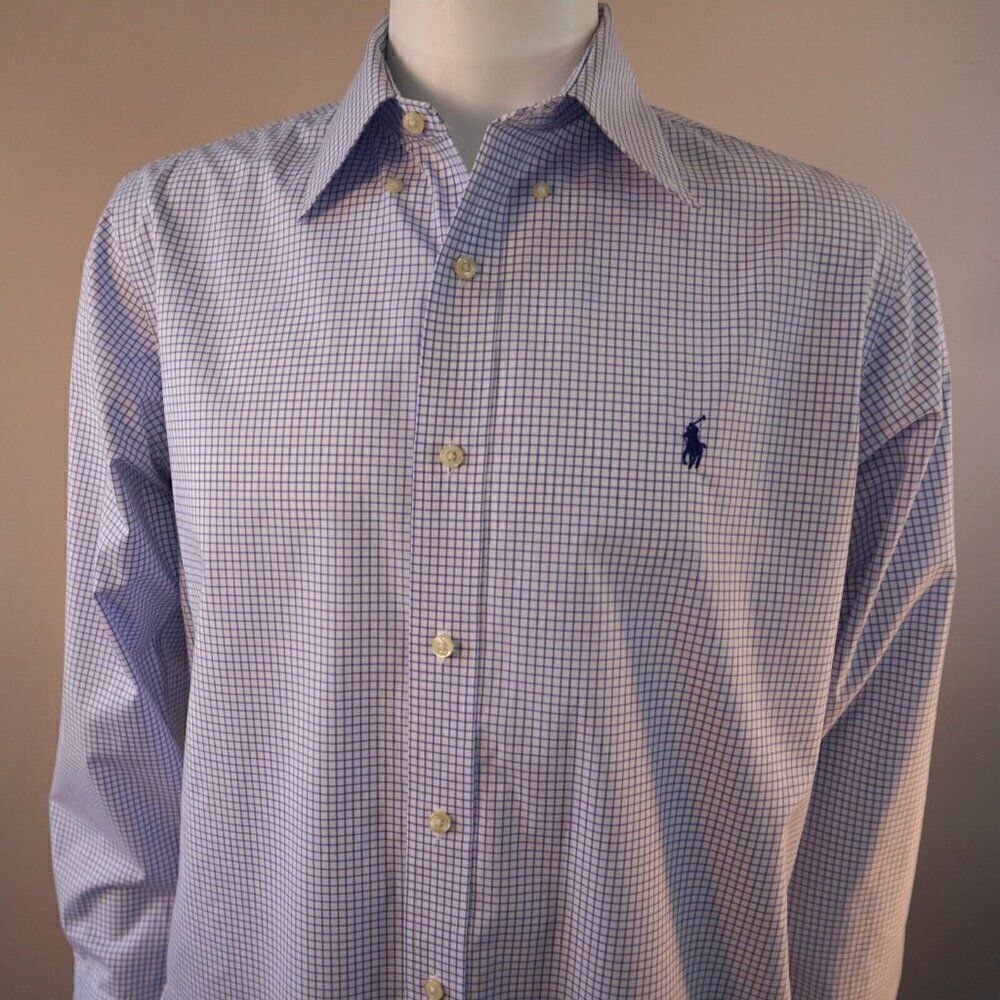 Polo Ralph Lauren Men Dress Shirt Sz 16 Custom Fit Button Up Blue White Check LS